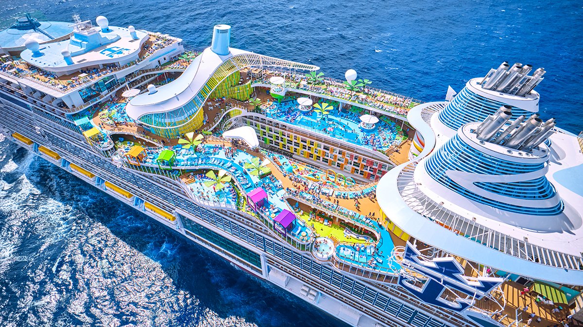 Pools, water slides and sun decks on a large cruise ship