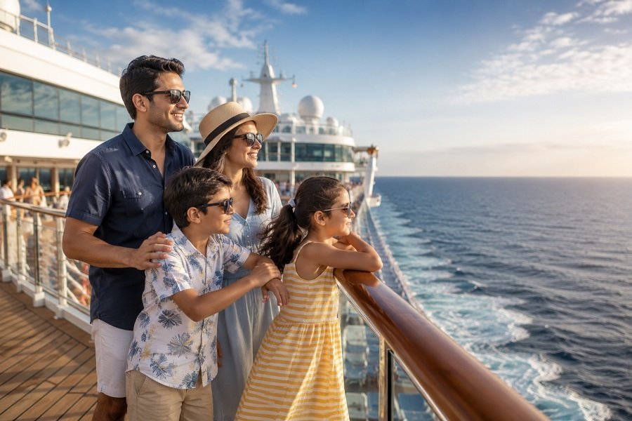 Family watching the ocean from the deck