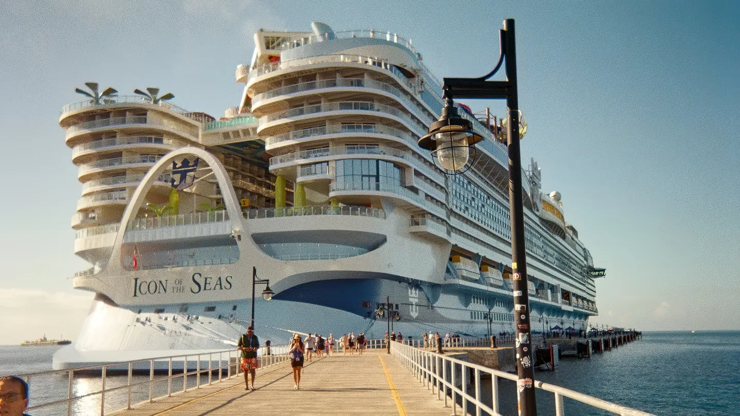 Guests walking a pier beside a large cruise ship